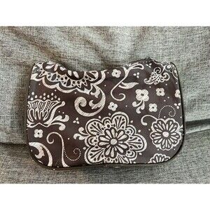 Thirty One Hello Happy Cosmetic Bag in Brown Floral Woodblock Pattern